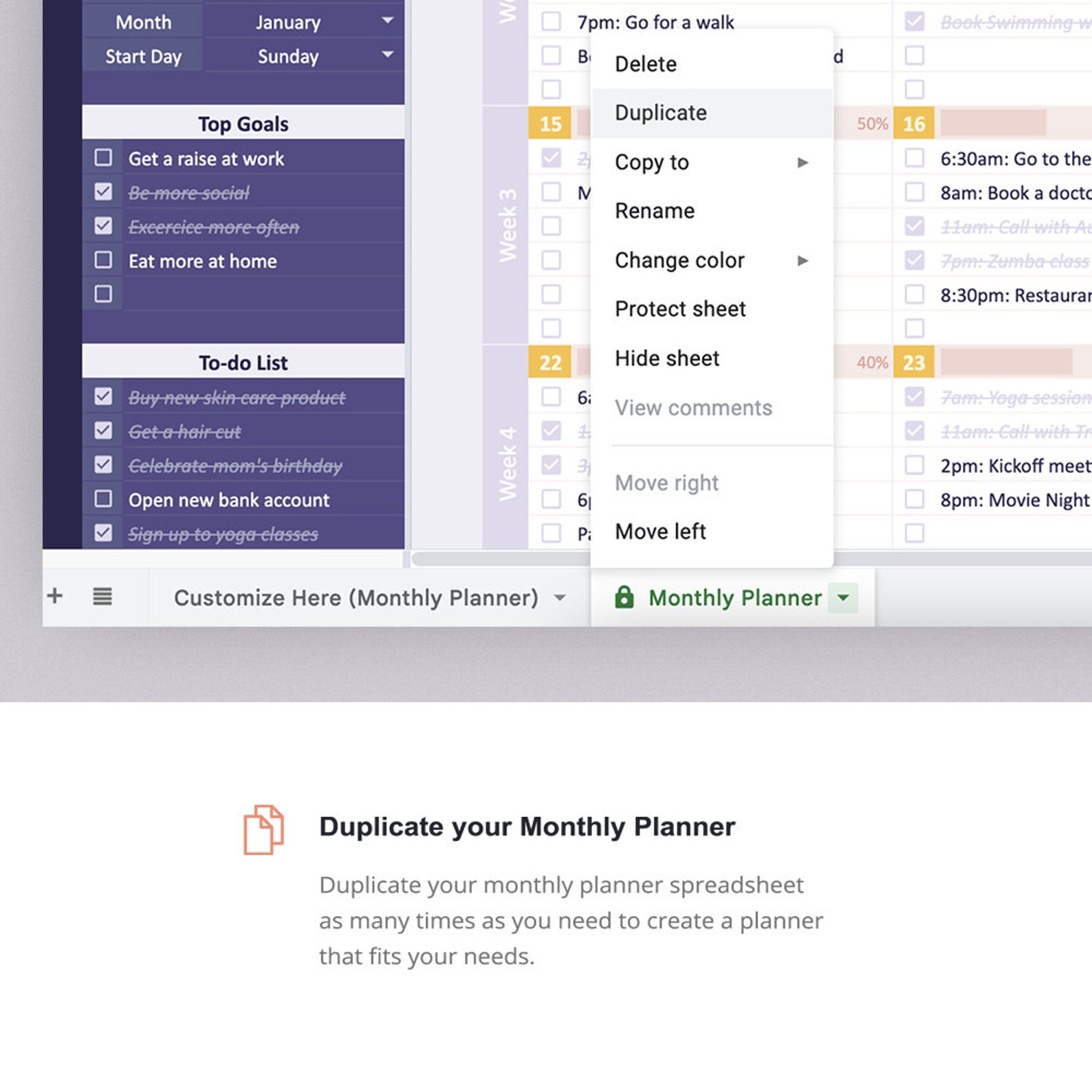 Monthly Calendar Google Sheet to Do List Template Digital Planner