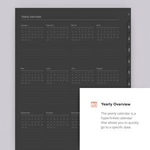 May include: A black and white yearly calendar with a gray background. The calendar is divided into 12 months, with each month having its own grid. The calendar is hyperlinked, allowing users to quickly navigate to a specific date.
