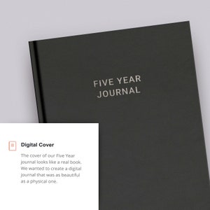 May include: A black journal with the text "FIVE YEAR JOURNAL" embossed in silver on the front cover.
