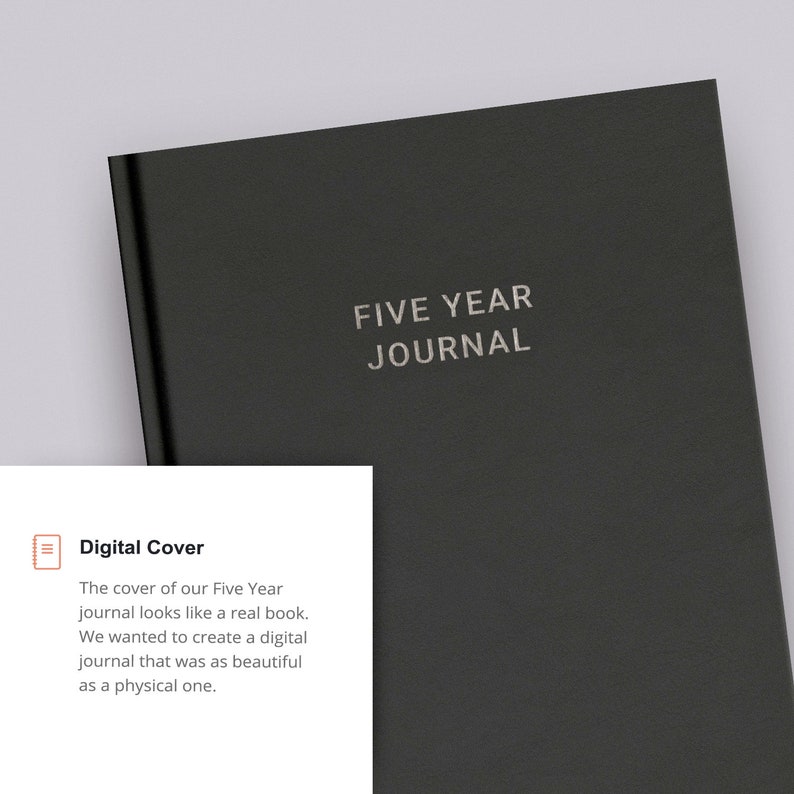 May include: A black journal with the text "FIVE YEAR JOURNAL" embossed in silver on the front cover.