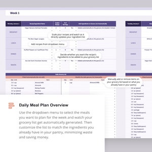 Puede incluir: Un planificador de comidas semanal con una lista de compras diaria. El planificador incluye un men&uacute; desplegable para seleccionar comidas y genera autom&aacute;ticamente una lista de compras. La lista de compras se puede personalizar para que coincida con los ingredientes que ya tienes en tu despensa, minimizando el desperdicio y ahorrando dinero.