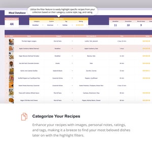 Puede incluir: Una captura de pantalla de una aplicaci&oacute;n de base de datos de comidas con una lista de recetas, categorizadas por cocina, ingredientes principales, tiempo de preparaci&oacute;n y calificaci&oacute;n. La aplicaci&oacute;n permite a los usuarios filtrar las recetas por categor&iacute;a, cocina, etiqueta y calificaci&oacute;n. La aplicaci&oacute;n tambi&eacute;n incluye una funci&oacute;n para categorizar las recetas con im&aacute;genes, notas personales, calificaciones y etiquetas.