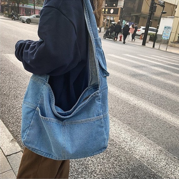 Denim Tote Crossbody Bag, Minimalist Jeans Shoulder Bag, Wide Strap Casual Bag, Large Capacity Shopping Work School Travel Bag