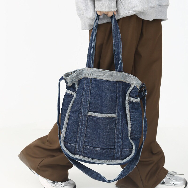 Square Denim Bucket Tote Vintage Jeans Shoulder Bag Large - Etsy