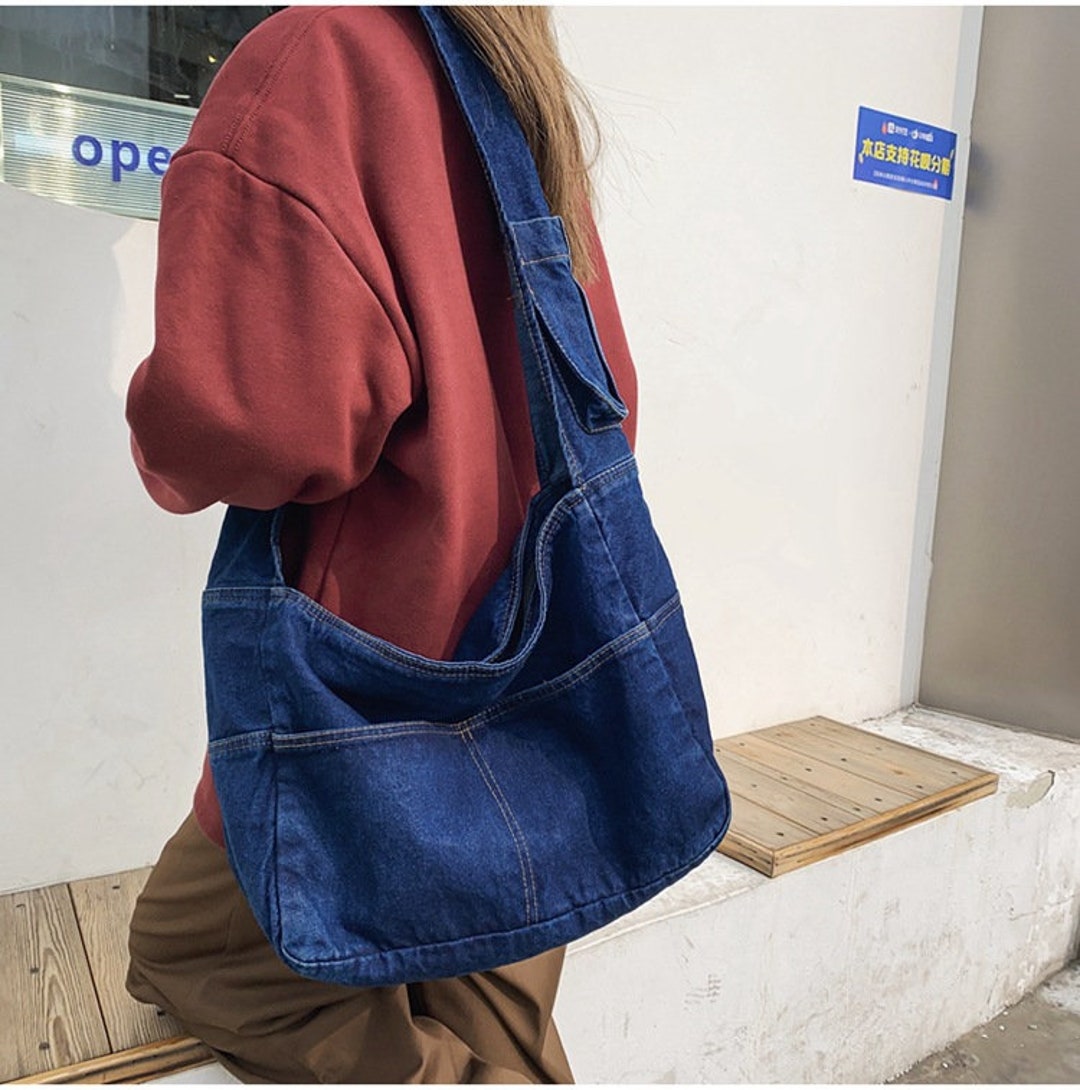 Washed Denim Crossbody Bag, Blue Shoulder Bag, Minimalist School Bag, Work Bag, Tote Bag, Grocery Bag, Streetwear Bag