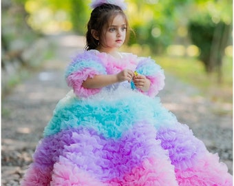 Unicorn Tulle Dress For Girls, Rainbow Flower Girl Dress, Unicorn Wedding Dress, Girl Birthday Dress, Princess Tiered Dress, Formal Dress