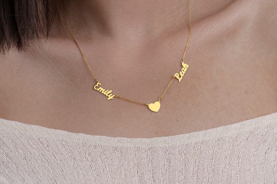 14k Gold or 925 Silver Double Name Heart Necklace Gift for