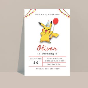 May include: A yellow Pikachu cartoon character wearing a party hat and holding a red balloon. The text "Oliver is turning 5" is below the character. The invitation includes the date "December 14", time "04:00 P.M.", address "2305 Main St. Chicago, IL 58974", and RSVP information.