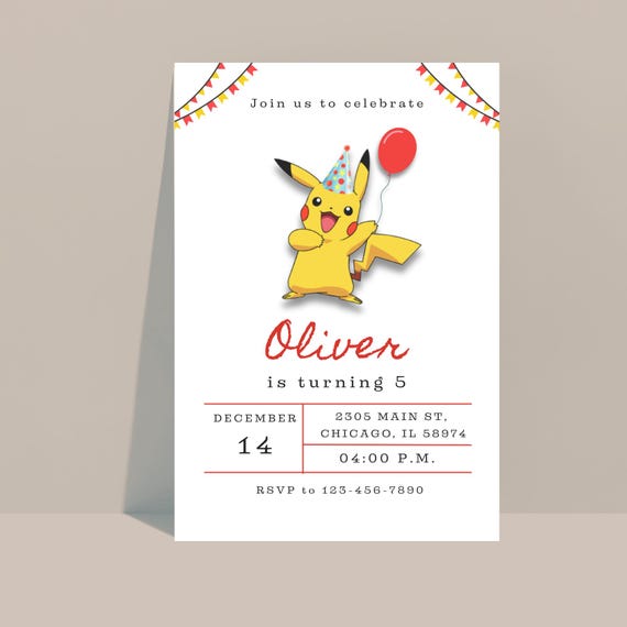 Editable Pika Birthday Invitation, Poke Birthday Party Template, Boys Digital Birthday Invitation, Instant Download, easy edit with canva