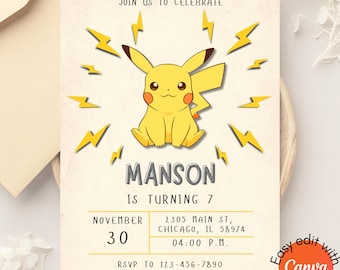 Invito di compleanno Poke modificabile, modello festa di compleanno Pika, invito di compleanno digitale per ragazzi, download istantaneo, invito modello.