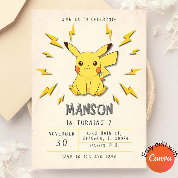 Editable Poke Birthday Invitation, Pika Birthday Party Template, Boys Digital Birthday Invitation, Instant Download, template invitation.