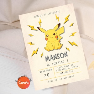 May include: A yellow Pikachu cartoon character with lightning bolts around it. The text "JOIN US TO CELEBRATE" is at the top of the invitation. The text "MANSON IS TURNING 7" is in the center of the invitation. The text "NOVEMBER 30" is in the lower left corner of the invitation. The text "2305 MAIN ST, CHICAGO, IL 58974" is in the lower right corner of the invitation. The text "04:00 P.M." is below the address. The text "RSVP TO 123-456-7890" is at the bottom of the invitation.