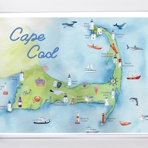 Impression de carte aquarelle de Cape Cod, téléchargement numérique, art mural, art imprimable, affiche, cadeau de pendaison de crémaillère, impression côtière, impression de Cape Cod, cadeau de mariage