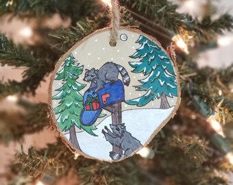 Raccoons, Handmade, Wood Slice Ornaments, Acrylic Hand Painted Disc by Timber Tatts