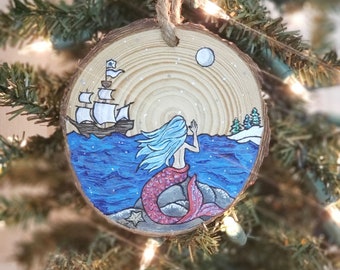 Mermaid, Handmade, Wood Slice Ornament, Acrylic Painted Disc by Timber Tatts