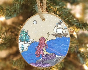 Mermaid, Handmade, Cryptid Wood Slice Ornament, Acrylic Painted Disc by Timber Tatts