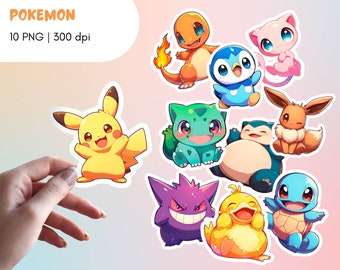 Pack de Pegatinas de Pokemon / Arte digital descargable archivo PNG de dibujos de anime, diseños clipart de stickers adorables para imprimir
