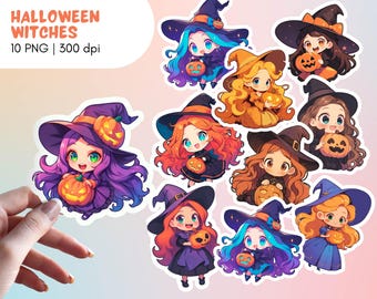 Halloween Witches Downloadable Stickers Pack / Spooky Digital Art PNG of Pumpkin Witches, Printable Sticker Pack
