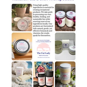 May include: A collection of natural skin care products from The Fat Lady, made in Wisconsin. The products include a jar of body butter, a bar of soap, a jar of face cream, and a tube of lip balm. The products are all natural and sustainable, and they are made with high-quality ingredients.