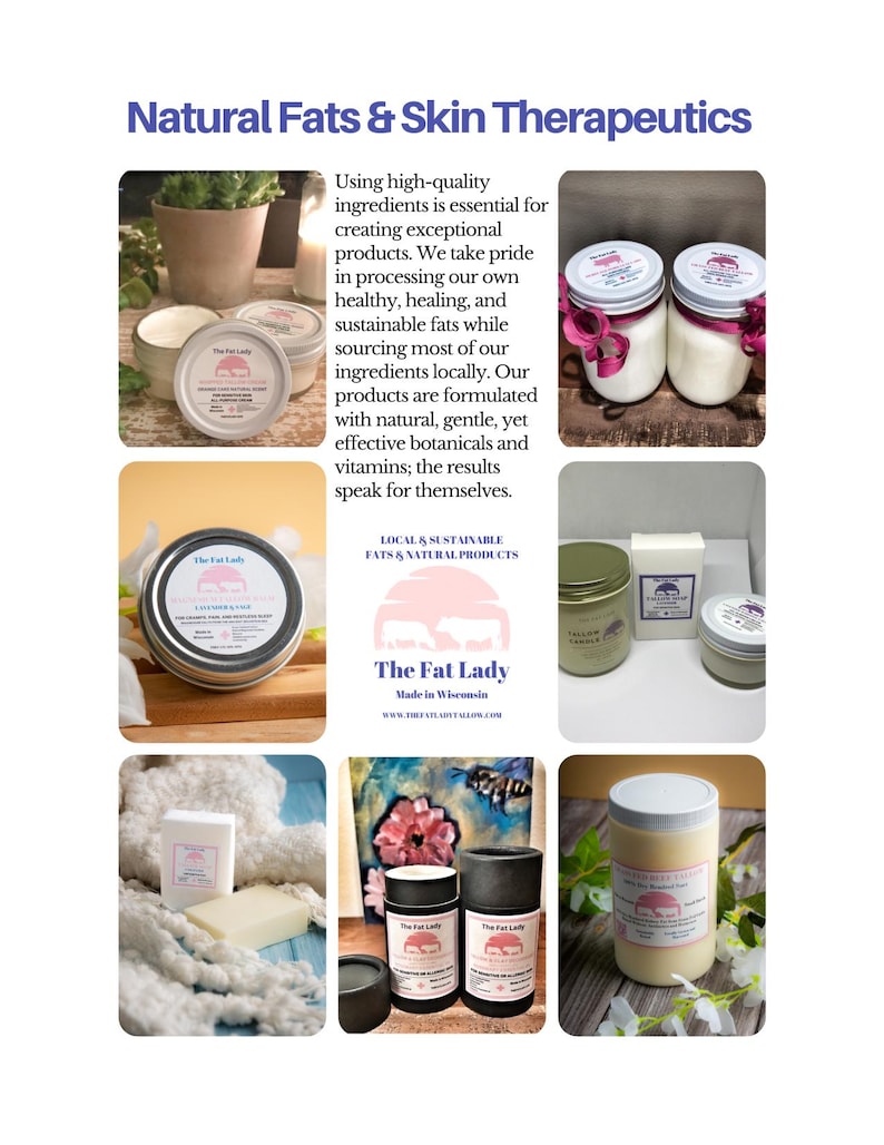 May include: A collection of natural skin care products from The Fat Lady, made in Wisconsin. The products include a jar of body butter, a bar of soap, a jar of face cream, and a tube of lip balm. The products are all natural and sustainable, and they are made with high-quality ingredients.