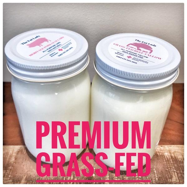 Premium Grassfed Beef Tallow & Heritage Pork Leaf Lard from Wisconsin| Pint Glass Jar|Double-rendered and Filtered