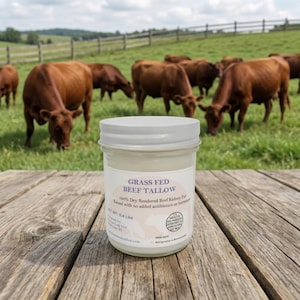 Grass-Fed Beef Tallow: Dry-Rendered Suet in Reusable Glass Jar or Bulk 8 Fluid ounces