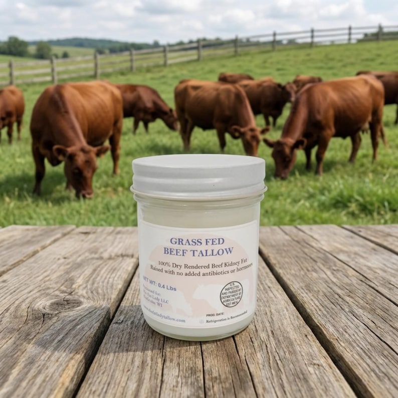 Grass-Fed Beef Tallow: Dry-Rendered Suet in Reusable Glass Jar or Bulk 8 Fluid ounces