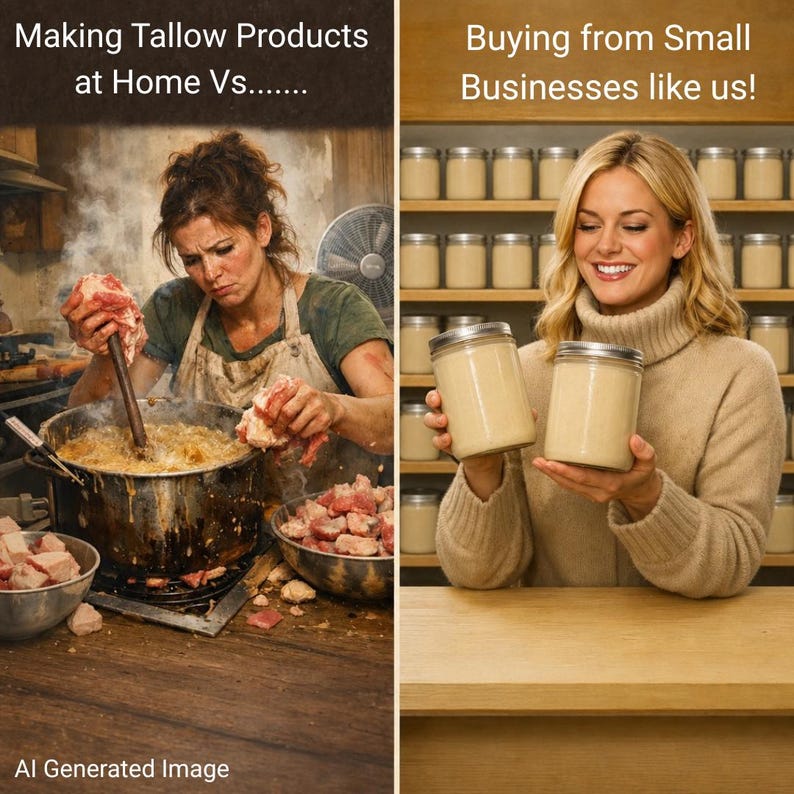 Comparison between the hardship of making your own tallow at home versus buying tallow from The Fat Lady