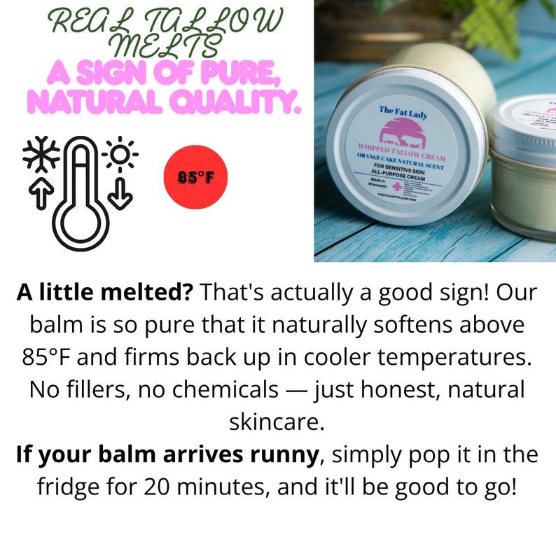 Pu&ograve; includere: Due vasetti di crema di sego montata con etichette che recitano "The Fat Lady". Le etichette riportano anche "Orange Cake Natural Scent" e "For Sensitive Skin". Il testo nell'immagine dice "Real Tallow Melts, A Sign of Pure, Natural Quality."