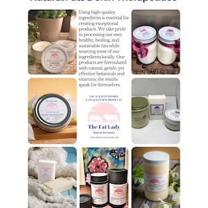 Puede incluir: Una colecci&oacute;n de productos naturales para el cuidado de la piel de The Fat Lady, hechos en Wisconsin. Los productos incluyen un tarro de manteca corporal, una barra de jab&oacute;n, un tarro de crema facial y un tubo de b&aacute;lsamo labial. Todos los productos est&aacute;n envasados en envases simples y blancos con etiquetas negras. El logotipo de The Fat Lady es una ilustraci&oacute;n rosa y blanca de la cara de una mujer.