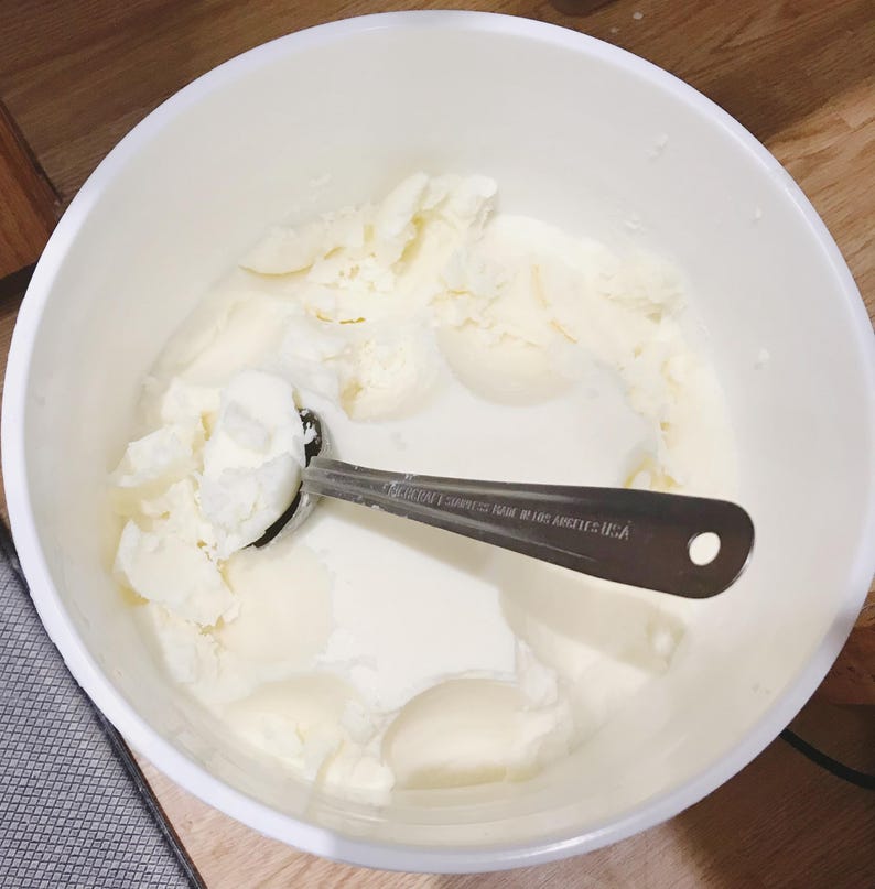 May include: A white bowl filled with white ice cream with a silver ice cream scoop on top.