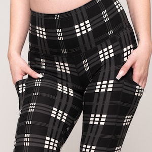 Black Plaid Leggings with Pockets for Women, 5" High Waist, Yoga Pants, Buttery Soft, Tummy Control, One Size, Plus Size, 2XL