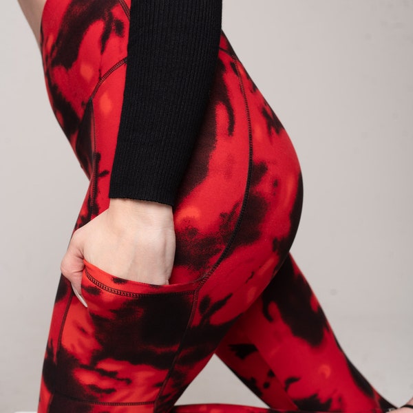 Black Red Tie Dye Leggings with Pockets for Women with 5" High Waist, Yoga Pants, Buttery Soft, Tummy Control, One Size, Plus Size, 2XL