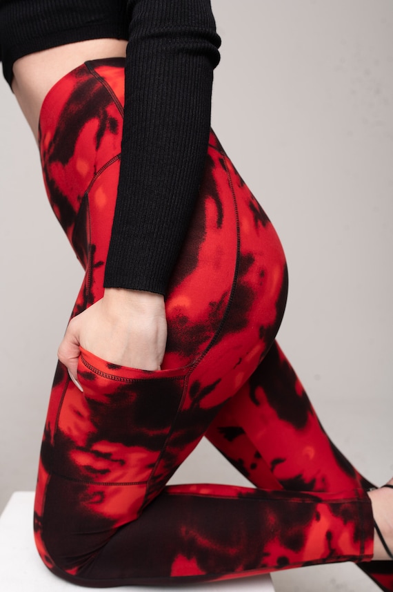 Black Red Tie Dye Leggings With Pockets for Women With 5 High Waist, Yoga  Pants, Buttery Soft, Tummy Control, One Size, Plus Size, 2XL 