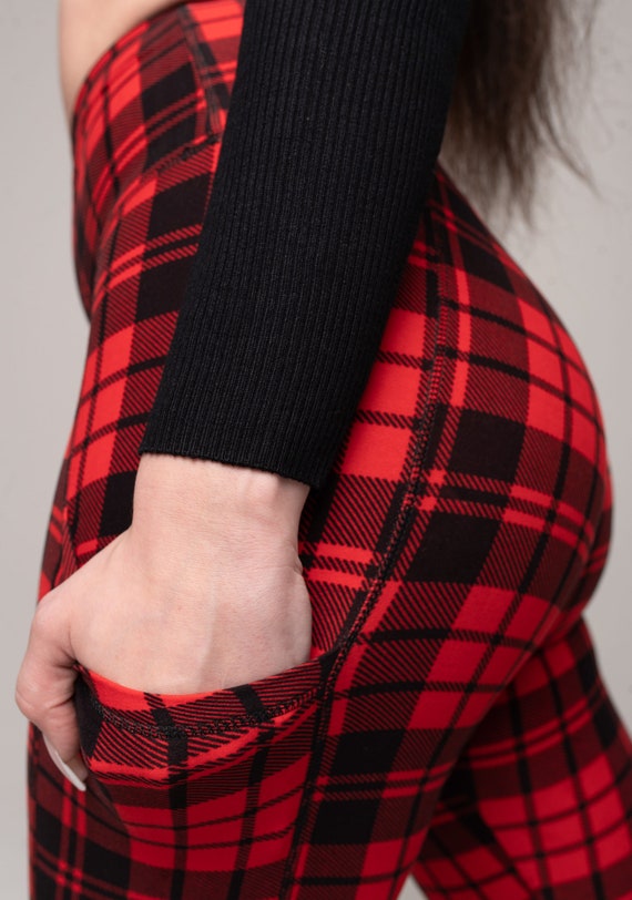 Red Plaid Leggings with Pockets