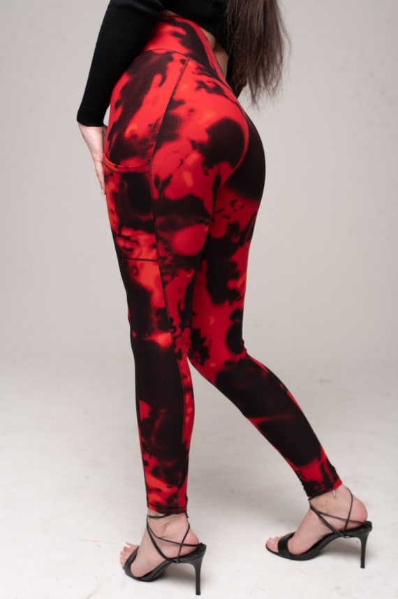 Red Orange Tie Dye Women Leggings Side Pockets, Printed Yoga Pants