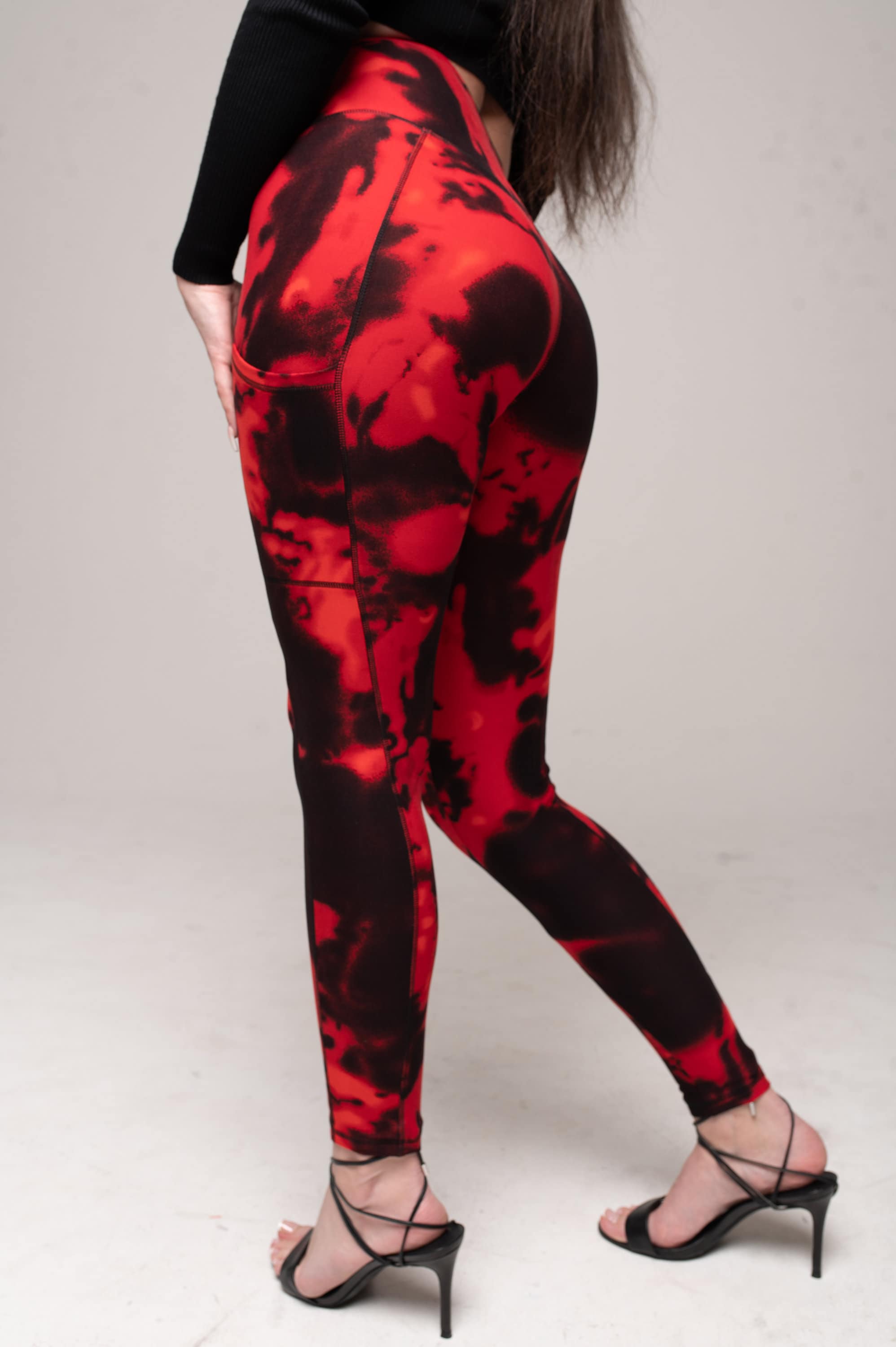 Black Red Tie Dye Leggings With Pockets for Women With 5 High Waist, Yoga  Pants, Buttery Soft, Tummy Control, One Size, Plus Size, 2XL 