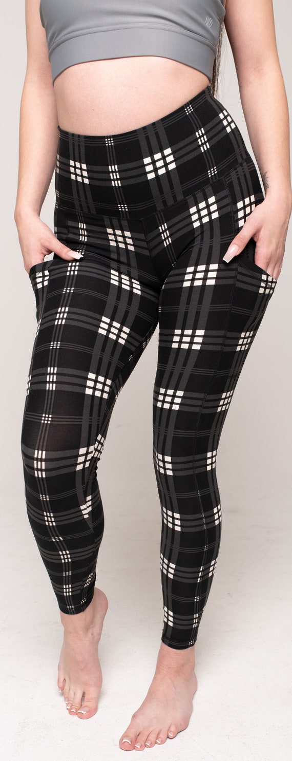 Black Plaid Leggings for Women With 5 High Waist, Slimming, Yoga Pants,  Buttery Soft, Tummy Control, One Size Leggings, Plus Size Leggings 