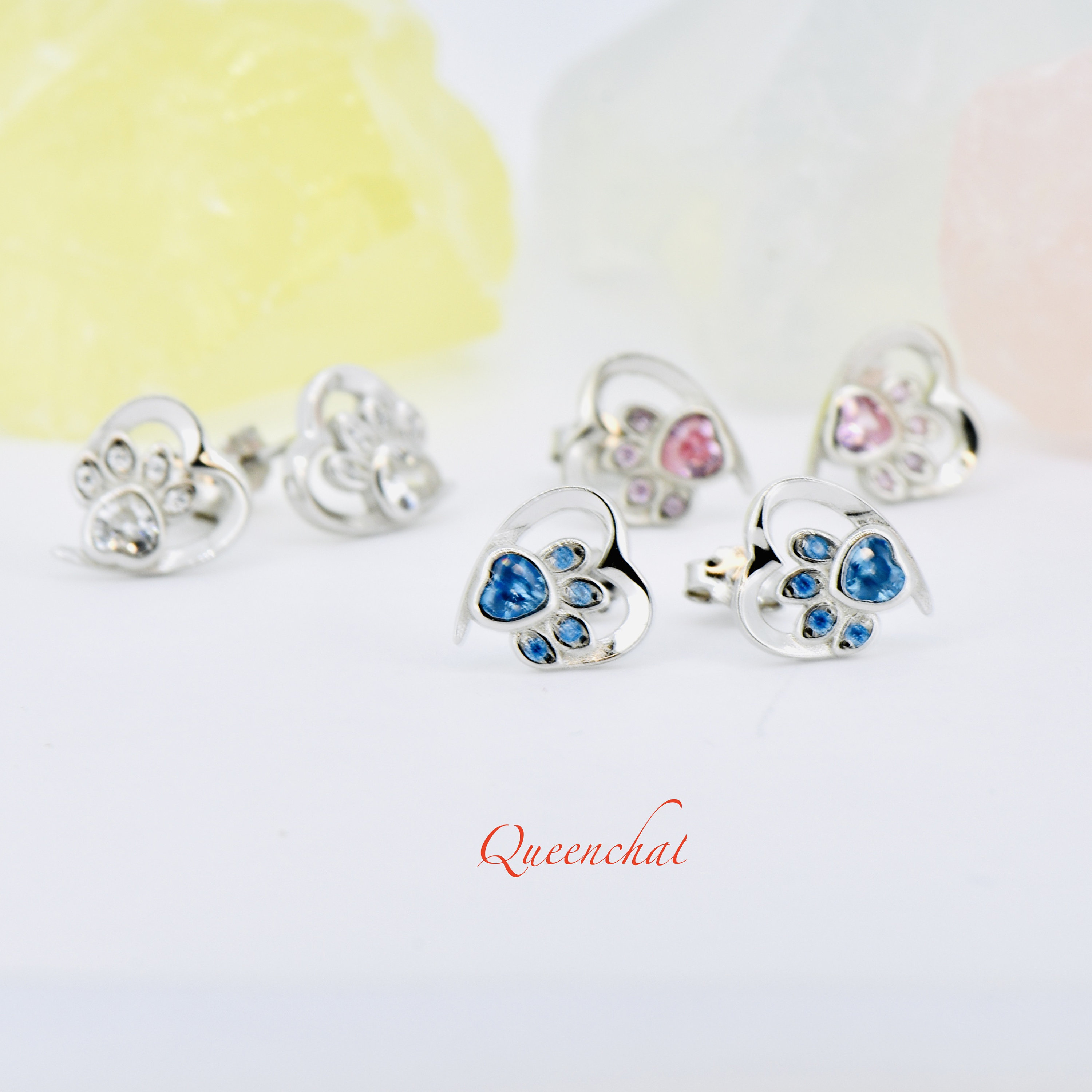 925 Sterling Silver Cute Heart CZ with Cat Puppy Paw Print Stud Earrings Gift for Women Teen Girls Nickel Free 