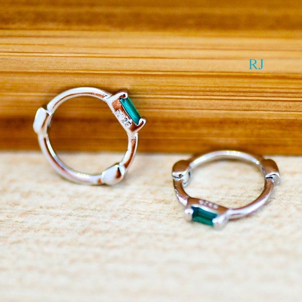 Tiny S925 Silver Hoop Earrings With Emerald Daily Wear Hoops Silver Earrings Huggie Earrings 8mm