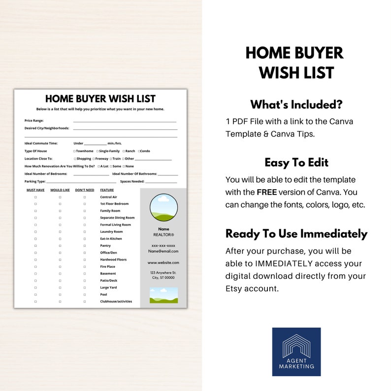 Realtor Home Buyer Wish List Template Editable Client Form (canva) Etsy