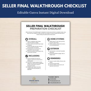May include: A printable seller's final walkthrough checklist. The document includes sections for overall home condition, home systems, exterior, inclusions, and reminders. The checklist is an editable Canva instant digital download.
