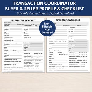 Real Estate Transaction Coordinator Buyer & Seller Checklist/Profile Sheets | Editable Forms for TC or Agents | Canva Template