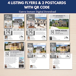 Cartes postales et flyers pour les annonces immobilières | 6 modèles de toile avec code QR | Vient de s'inscrire, à vendre, visite libre, vendu | Téléchargement numérique instantané