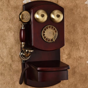 Rotary Antique Wood Vintage Fixed Telephone Wall Mounted Home Old Mechanical