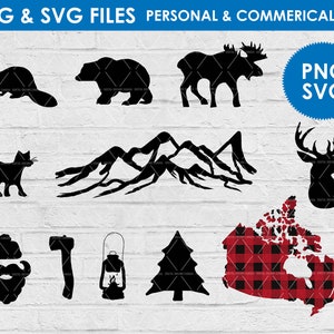 May include: Black and white silhouette cut files of a beaver, bear, moose, mountains, deer, a lumberjack's axe, a lantern, a Christmas tree, and a plaid pattern of Canada. The text "PNG & SVG FILES PERSONAL & COMMERCIAL USE" is at the top of the image. A blue circle with the text "PNG SVG" is in the top right corner.