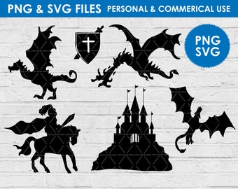Dragon Medieval silhouette svg / dragon svg / knight clipart / castle clipart / digital download / sword shield svg png