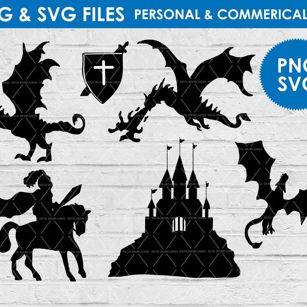 Dragon Medieval silhouette svg / dragon svg / knight clipart / castle clipart / digital download / sword shield svg png