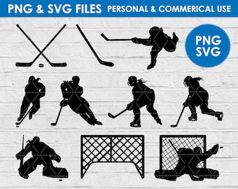 May include: Silhouettes of hockey players in various poses, including a goalie, a player shooting the puck, and a player skating with the puck.  There are also two hockey sticks crossed and a hockey net.  The text "PNG & SVG FILES PERSONAL & COMMERCIAL USE" and "PNG SVG" are also included in the image.