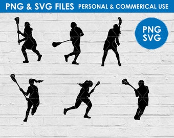 Op de afbeelding: Zes zwarte silhouetten van lacrosse-spelers in verschillende poses, die lacrosse-sticks vasthouden. De afbeeldingen zijn geplaatst tegen een witte bakstenen muur achtergrond.